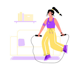 Woman with skipping rope doing fitness exercise at home - cartoon girl in sport wear jumping and doing cardio in living room. Vector illustration of healthy athlete.