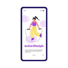 The girl does sports exercises at home. Page template for a mobile app for home training.