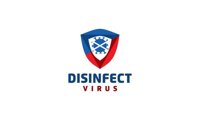 Creative disinfect virus and antibacterial with shield for healthy logo design vector. Protection campaign or measure from coronavirus or COVID 19 protection logo.