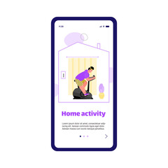 Home sport and fitness app banner with cartoon man on stationary bike doing cardio exercise in quarantine lockdown. Isolated smartphone screen - vector illustration.