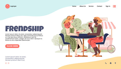Web banner template with Friendship header and group of friends cartoon characters, flat vector illustration. Landing page or site interface design with girlfriends.
