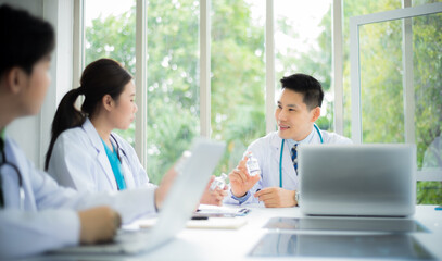 Group of professional doctor people staff team meeting and brainstroming discussion about work in conference room