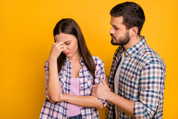 Dear what happen. Frustrated girl have migraine man spouse try support calm down wear plaid clothes isolated over bright shine color background