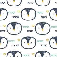 .Cute penguin hand drawn seamless vector fill. Cute childish drawing. Baby wrapping paper, textile, vector illustration