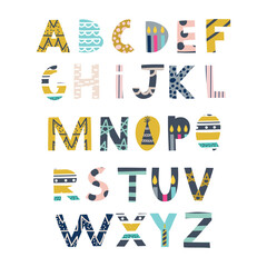 Festive decorative English alphabet. Space, cute Kids font. Ideal for education, home decor. Vector Illustration can be used for quotes, poster, cards and kids fashion prints.