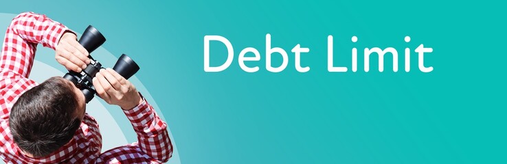 Fototapeta premium Debt Limit. Businessman (man) looks through binoculars. Birds eye view. Focus on text. Blue Background. Business, Finance, Statistics, Analysis, Economy