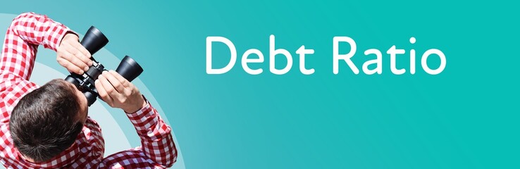 Fototapeta premium Debt Ratio. Businessman (man) looks through binoculars. Birds eye view. Focus on text. Blue Background. Business, Finance, Statistics, Analysis, Economy