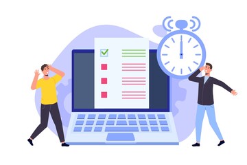 Inefficient time management concept. People unable to organize their tasks. Deadline scenes. Vector isolated illustration.