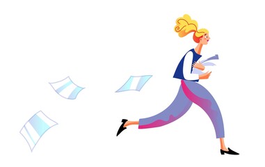 Busy stressed woman worker, secretary, executive manager stress running holding document pile in hand. Work problem, deadline fail, overtime job. Vector office design illustration.