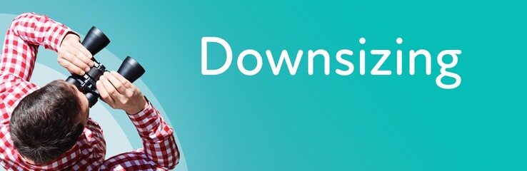 Fototapeta premium Downsizing. Businessman (man) looks through binoculars. Birds eye view. Focus on text. Blue Background. Business, Finance, Statistics, Analysis, Economy