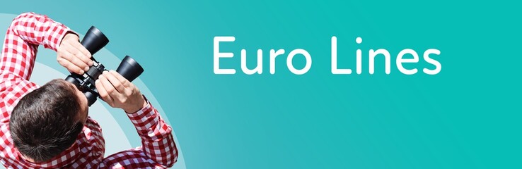 Naklejka premium Euro Lines. Businessman (man) looks through binoculars. Birds eye view. Focus on text. Blue Background. Business, Finance, Statistics, Analysis, Economy