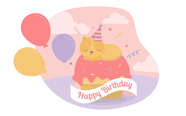 The yellow cat is sleeping on the cupcakes with many balloons in the birthday party.Vector Illustrator.Party invitation card.Birthday party set cartoon animal.