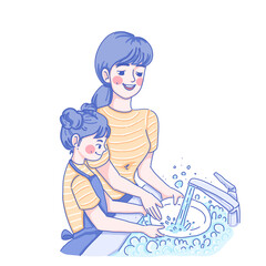 Mother and daughter wash dishes 