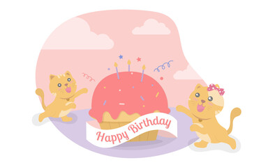 Two yellow cats are having fun playing around a cupcake at a birthday party. Vector Illustrator. Party invitation card. Birthday party set cartoon animal.