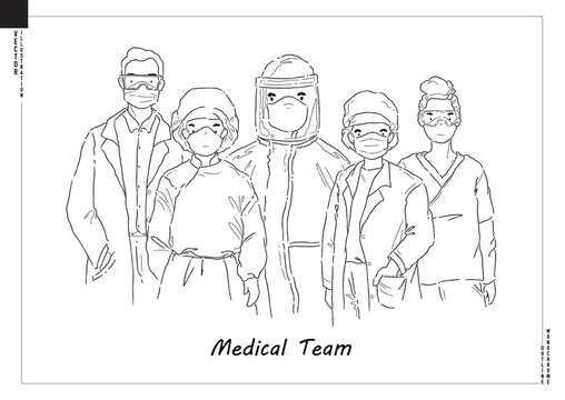 Vector of Covid-19 Medical team. Set of professional doctors and nurses wearing medical face mask and protective gear. Cartoon style artwork.