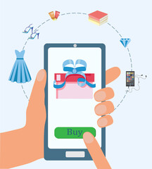 Online shopping by phone. Gift on the phone screen. Shopping choice 