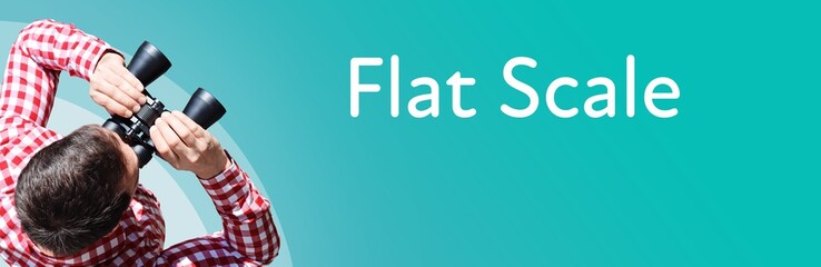 Naklejka premium Flat Scale. Businessman (man) looks through binoculars. Birds eye view. Focus on text. Blue Background. Business, Finance, Statistics, Analysis, Economy