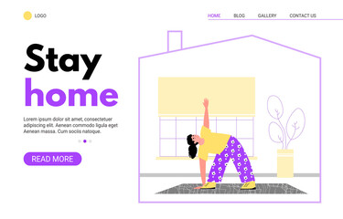 Stay home banner with woman doing yoga in coronavirus quarantine. Indoor fitness website homepage template with cartoon girl stretching on mat, vector illustration.