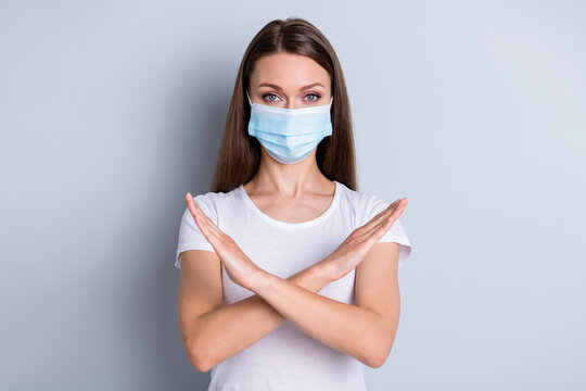 Photo Of Pretty Serious Lady Avoid People Crowd Contacting Hospital Examination Raise Crossed Arms Keep One Meter Distance Wear Protect Face Mask Isolated Grey Color Background