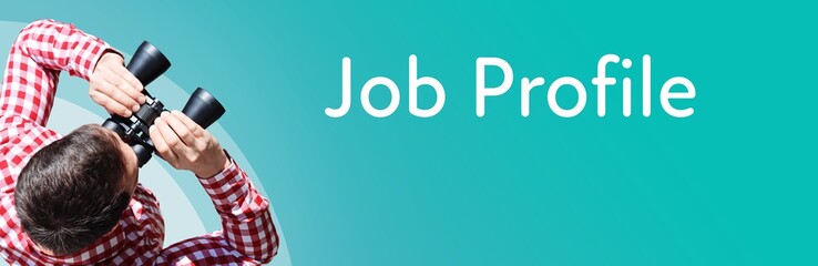 Fototapeta premium Job Profile. Businessman (man) looks through binoculars. Birds eye view. Focus on text. Blue Background. Business, Finance, Statistics, Analysis, Economy