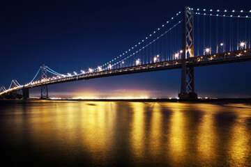 a Long Exposure of the Bay Bridge in San Francisco at Night with Lights Reflecting over the Water