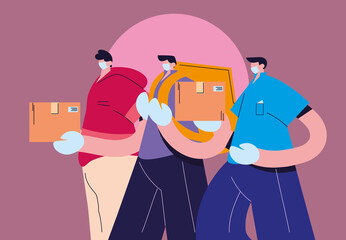 domiciliary men with gloves and masks carrying packages