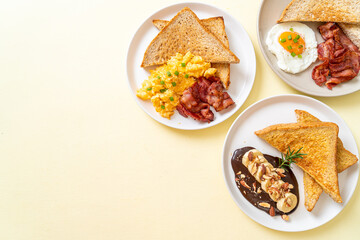 fried egg with bread toasted and bacon, scramble egg with bread toasted and bacon, French toast with banana chocolate almonds