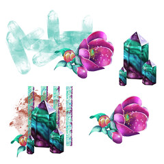 a set of individual compositions of crystals and Camellia flowers. the crystals are cut. flowers in a bouquet. Digital illustration