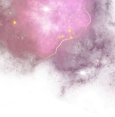 Abstract background, gas clouds in pink and lilac shades, with a gold stripe and stars. Simulation of outer space. Digital illustration
