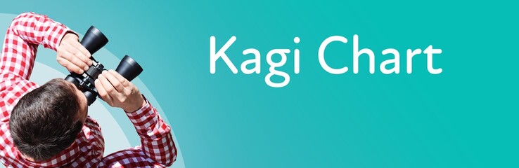 Naklejka premium Kagi Chart. Businessman (man) looks through binoculars. Birds eye view. Focus on text. Blue Background. Business, Finance, Statistics, Analysis, Economy