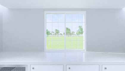3d rendering of countertop product display and window background.