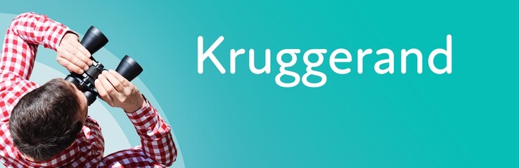 Fototapeta premium Kruggerand. Businessman (man) looks through binoculars. Birds eye view. Focus on text. Blue Background. Business, Finance, Statistics, Analysis, Economy