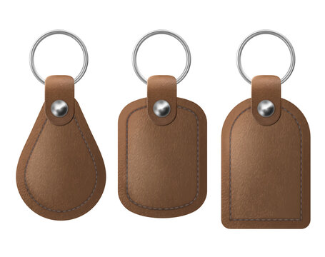 Leather Keychains, Brown Keyring Holders Set With Metal Rings. Accessories Or Souvenir Trinkets For Home, Car Or Office Isolated On White Background. Realistic 3d Vector Illustration, Icon, Mockup