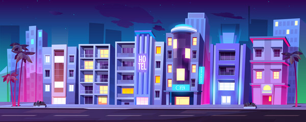 Night city buildings, hotels in Miami at summer, modern house architecture, skyscrapers, restaurants and stores with glass windows and palm trees stand at empty roadside, Cartoon vector illustration