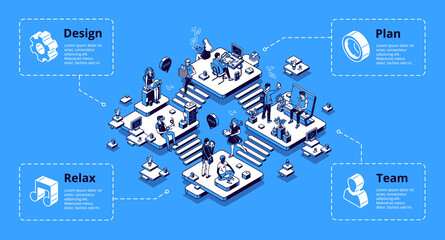 Coworking office infographics isometric landing page. Area separated on rooms for relax, plan, design and team communication. Workplace with people teamwork, freelance, 3d vector line art, web banner