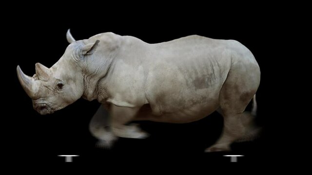 Rhinoceros running realistic animation. Isolated rhino video including alpha channel allows to add background in post-production. Element for visual effects.