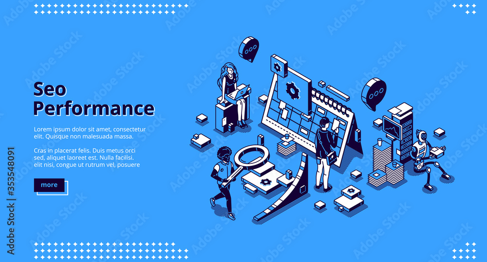 Poster seo performance isometric landing page. optimization technology for internet marketing and digital b