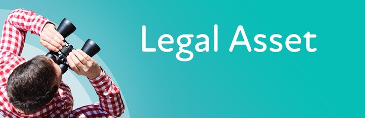 Naklejka premium Legal Asset. Businessman (man) looks through binoculars. Birds eye view. Focus on text. Blue Background. Business, Finance, Statistics, Analysis, Economy