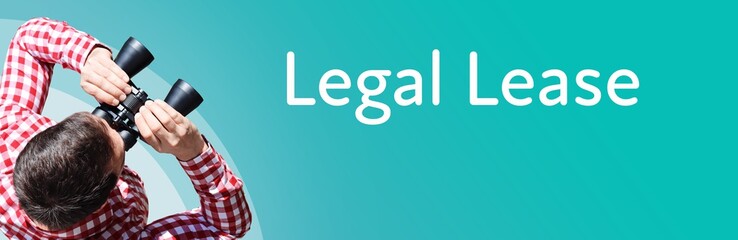 Fototapeta premium Legal Lease. Businessman (man) looks through binoculars. Birds eye view. Focus on text. Blue Background. Business, Finance, Statistics, Analysis, Economy