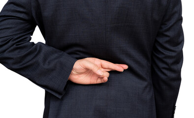 Dishonest businessman telling lies, lying male entrepreneur holding fingers crossed behind his back.