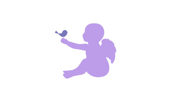 Vector illustration of purple silhouette of a baby child with wings while sitting and holding a bird on outstretched arm. Great for children's icon, cherub symbol, branding, logos and advertising.
