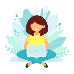 Woman with laptop sitting in nature and leaves. Concept illustration for working, freelancing, studying, education, work from home. Vector illustration in flat cartoon style.