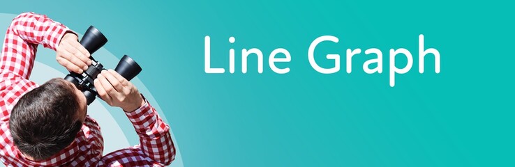 Naklejka premium Line Graph. Businessman (man) looks through binoculars. Birds eye view. Focus on text. Blue Background. Business, Finance, Statistics, Analysis, Economy