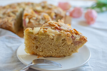 Home made Sweet Rhubarb cake with fresh rhubarb and cinnamon streusel