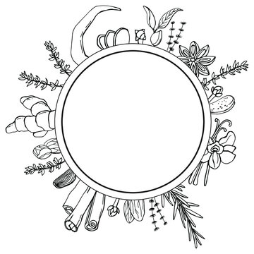 black and white herbs circle frame clip art preview