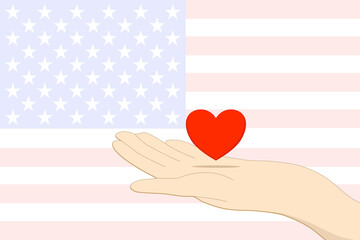 Vector - Left hand holding red heart on United States (USA) flag background. Take care or send love. Feeling happy. Copy space for any text design.
