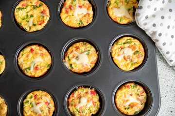 Egg omelet muffins on the tray. Ideal for breakfast.