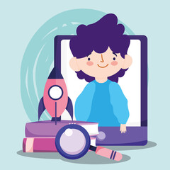 online education student boy smartphone books magnifier and creativity