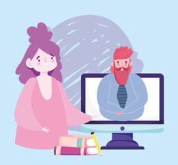 online education student girl and teacher in video computer class