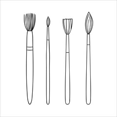 Set of brush line icons. Vector black and white stationery, writing materials, office or school supplies isolated on white background. Cartoon style